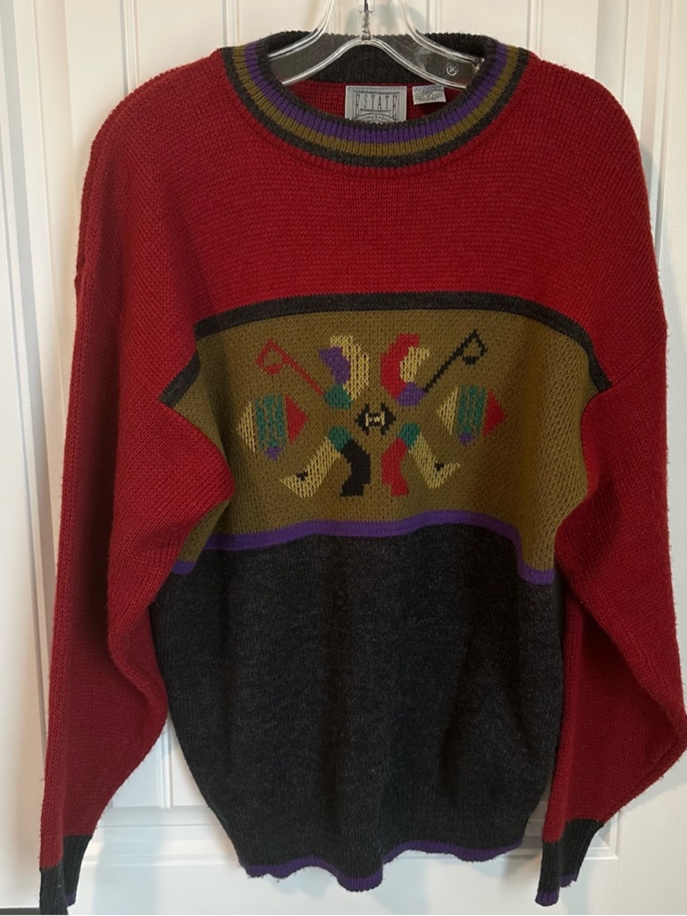 Vintage Wool Blend Men's Red Multicolor Patterned Crew Neck Sweater